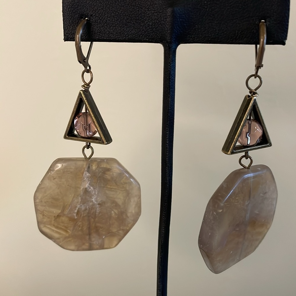 HAND CRAFTED EARRINGS Large Octagon Fluorite Beads with Amethyst and Brass - Picture 3 of 10